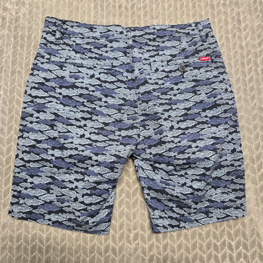 Levis XX Chino Shorts Mens 31 Navy Blue Fish Print Stretch Cotton Summer Outdoor
